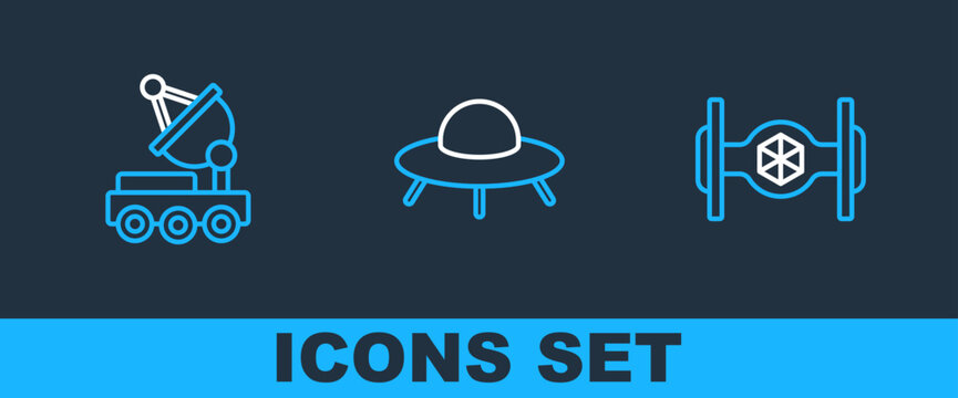 Set Line Cosmic Ship, Mars Rover And UFO Flying Spaceship Icon. Vector