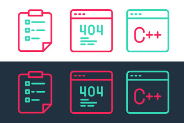 Set line Software, Clipboard with checklist and Page 404 error icon. Vector