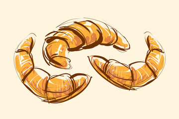 French croissant, hand drawing. Fresh pastries for breakfast. French national cuisine.