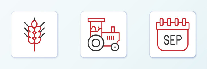 Set line September calendar autumn, Wheat and Tractor icon. Vector