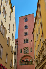 Red building in the center of Regensburg
