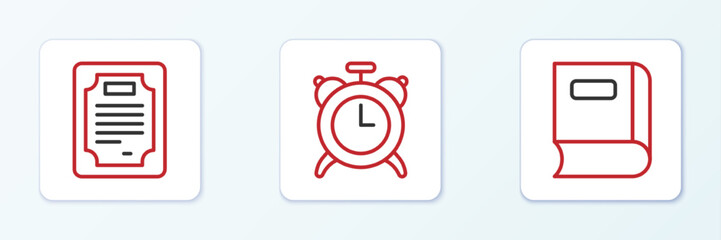 Set line Book, Certificate template and Alarm clock icon. Vector