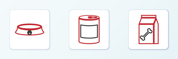 Set line Bag of food for pet, Pet bowl and Canned icon. Vector