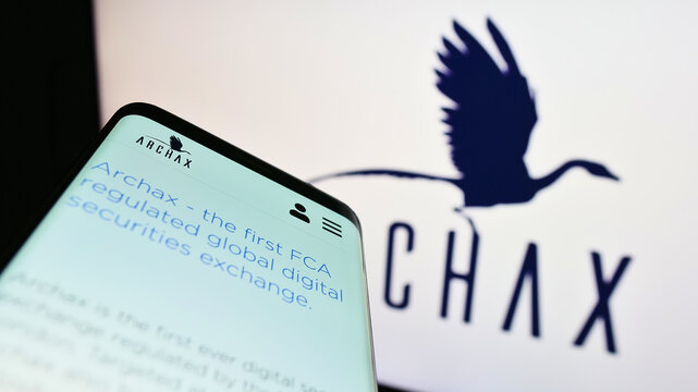 Stuttgart, Germany - 07-09-2022: Smartphone with webpage of British crypto company Archax Ltd. on screen in front of business logo. Focus on top-left of phone display.