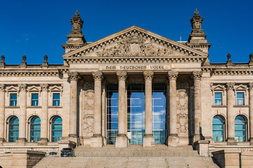 View of the distinctive Reichstag building from the Platz der Republik in Berlin, Germany