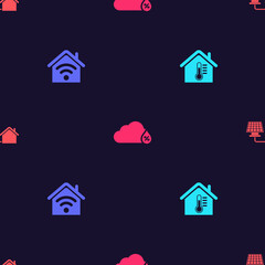 Set House temperature, Smart home with wi-fi, Humidity and solar panel on seamless pattern. Vector
