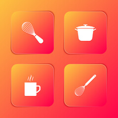 Set Kitchen whisk, Cooking pot, Coffee cup and icon. Vector