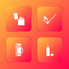 Set Lighter, Burning match with fire, Thermos container and icon. Vector