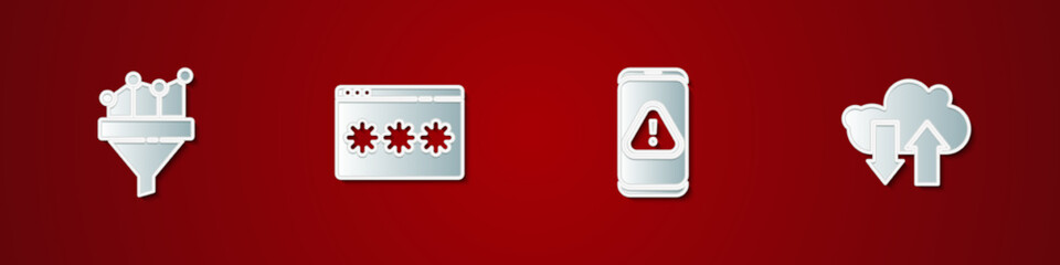 Set Sales funnel with chart, Password protection, Mobile exclamation mark and Cloud download and upload icon. Vector
