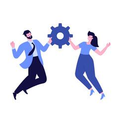 Happy business people or office workers in jump. Successful team with gear sign. Award ceremony for winners. Quality mark with gear. Gender equality. Vector illustration