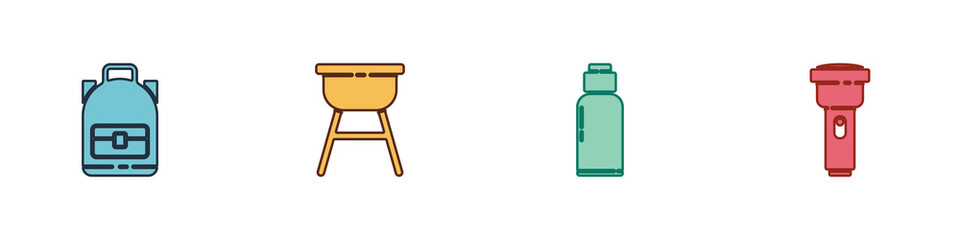 Set Hiking backpack, Barbecue grill, Canteen water bottle and Flashlight icon. Vector