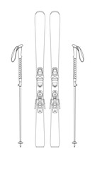 All Mountain Ski / Carving Ski / Freeride Ski modern equipment. Ski ,Ski binding and Ski pole for winter sports sketch drawing, contour lines drawn