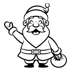 Cartoon illustration of Santa claus greeting and carrying a bag of gift, best for sticker, mascot, and coloring book with christmas themes