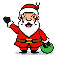 Cartoon illustration of Santa claus greeting and carrying a bag of gift, best for sticker, logo, and mascot with christmas themes