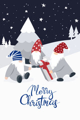 Christmas card with three cute dwarfs on a winter background with snowflakes. Vector.