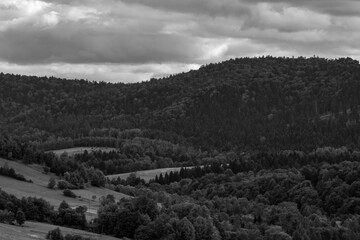 Monochrome Subcarpathian landscape with flowing hills