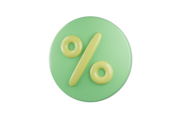 3d icon of yellow percent discount on green round without background.