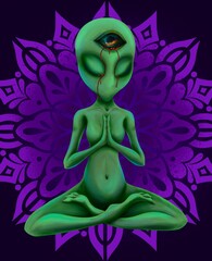 green alien in yoga pose 2d illustration with beautiful background
