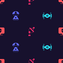 Set Cosmic ship, Space capsule, Satellite dish and Alien on seamless pattern. Vector