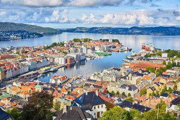 Naklejka na ściany i meble Old city Bergen, aerial view, Norway