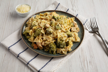 Homemade One-Pot Creamy Chicken and Broccoli Pasta on a Plate, side view.