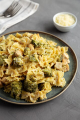 Homemade One-Pot Creamy Chicken and Broccoli Pasta on a Plate, side view.