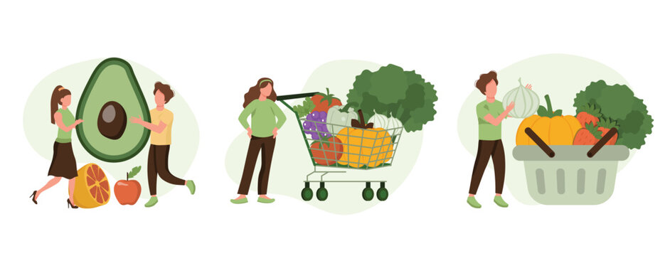 Grocery vegetables illustration set. Character buying fresh organic vegetables and putting in shopping trolley and basket. Local production support concept. Vector illustration.