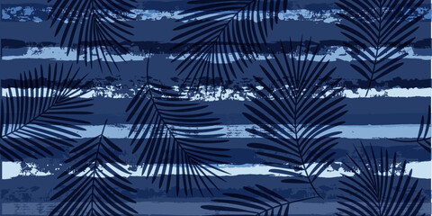 Tropical pattern, palm leaves seamless vector floral background. Exotic plant on blue stripes print illustration. Summer nature jungle print. Leaves of palm tree on paint lines. ink brush strokes