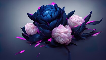 Fototapeta na wymiar Beautiful neon peonies, spring flowers, art. Abstract floral neon background. Flowers close-up. 3D illustration