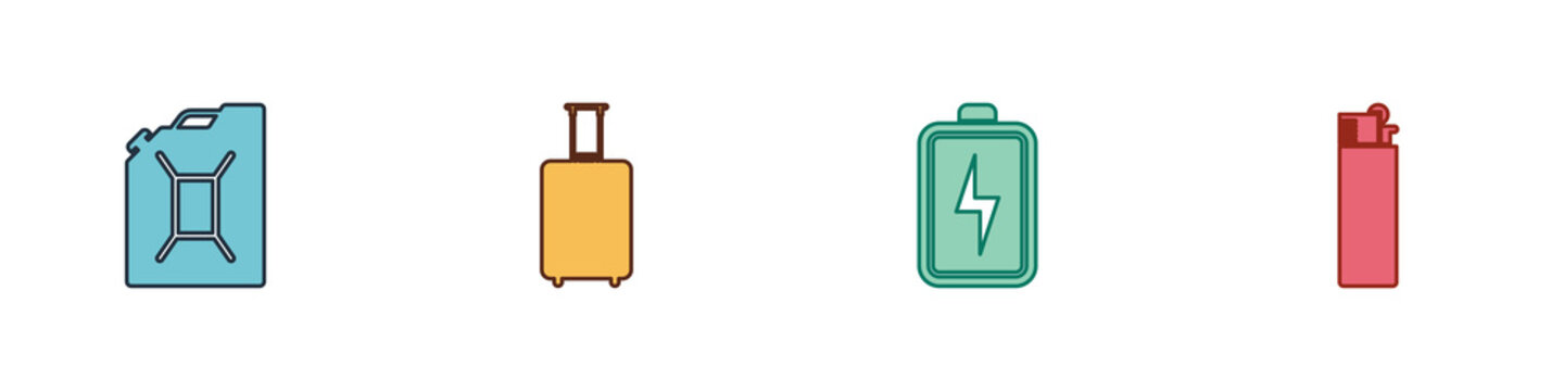 Set Canister for gasoline, Travel suitcase, Battery and Lighter icon. Vector