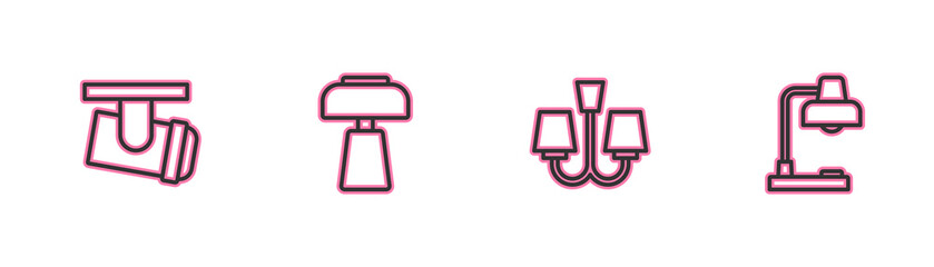 Set line Led track lights and lamps, Chandelier, Table and icon. Vector
