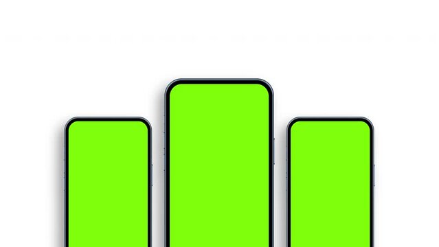 Smartphones Animated Mockups with Blank Green Screens, Isolated on White Background, Front View