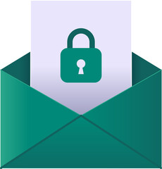 Security protected 3d email green envelope with attached file with safeguard padlock, vector illustration
