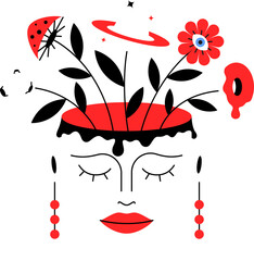 Head depressed sadness girl with flower from brain metaphor different thoughts vector illustration