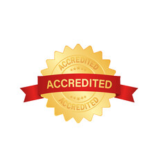 Accredited 3d gold badge with red ribbon sign, label isolated on white background.