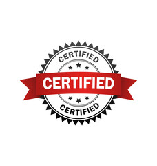 Obraz premium Certified label. Certified black-red stamp with band. Vector illustration.