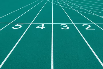 Zelfklevend Fotobehang Mint color track and field lanes and numbers. Running lanes at a track and field athletic center. Horizontal sport theme poster, greeting cards, headers, website and app © Augustas Cetkauskas