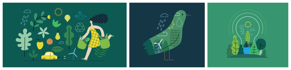 Ecology - Modern flat vector concept illustration on green positive thinking. Waste sorting, Recycling, Green energy, Save the planet, bio farming. Creative landing web page illustrations set
