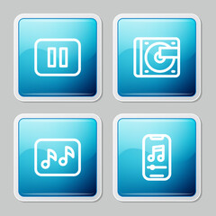 Set line Pause button, Vinyl player with vinyl disk, Music note, tone and icon. Vector