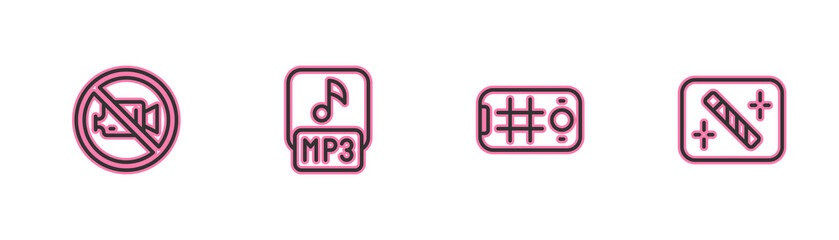 Set line Prohibition no video recording, Selfie mobile, MP3 file and Photo retouching icon. Vector