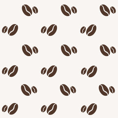 Seamless pattern with brown coffee beans on beige background in flat style.