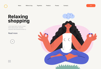 Relaxing shopping -Online shopping and electronic commerce web tamplate -modern flat vector concept illustration of meditating woman in lotus pose. Promotion, discounts, sale and online orders concept