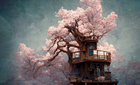 Wonderful Abstrat Enviroment Cherry Blossom Temple Tree House 3d With Sky Background.