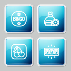 Set line Bingo, Money bag, Slot machine with cherry and jackpot icon. Vector