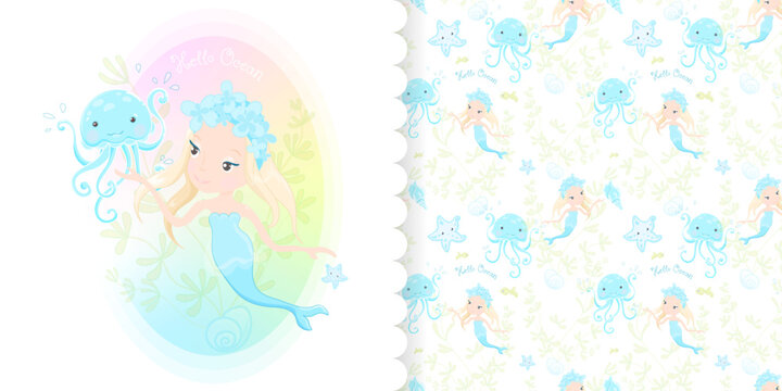 Cute cartoon mermaid character. Card and seamless pattern. Hand drawn tee print illustration. Fabric surface design vector for bed set
