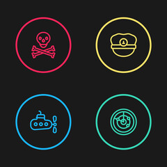 Set line Submarine, Radar with targets, Captain hat and Skull on crossbones icon. Vector