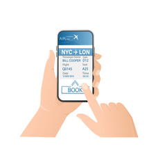 Airline tickets online with hands and smartphone in flat style. Isolated vector illustration.