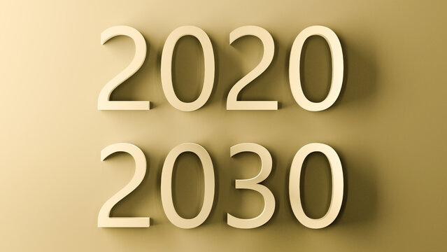 Golden numbers 2020 - 2030. Time span from 2020 to 2030. 3D render.