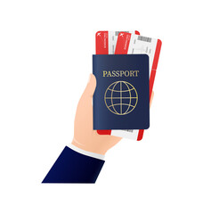 Hand, holding international passport and airline tickets on white background. Vector illustration icon. Flat icon design. Identity document.