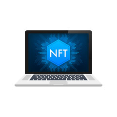 Flat illustration with nft laptop screen. Banner vector. Flat design. Vector design art.